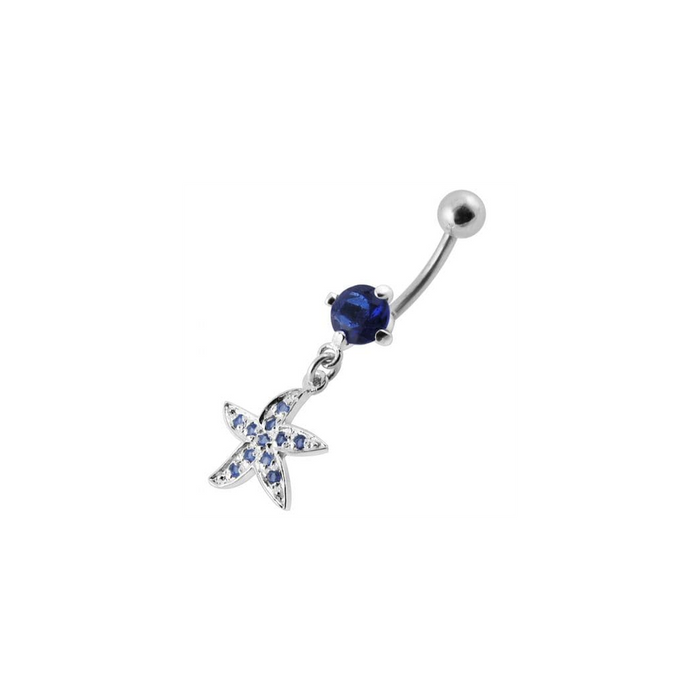 Jeweled Silver Fancy Star Dangling SS Banana Belly Ring 