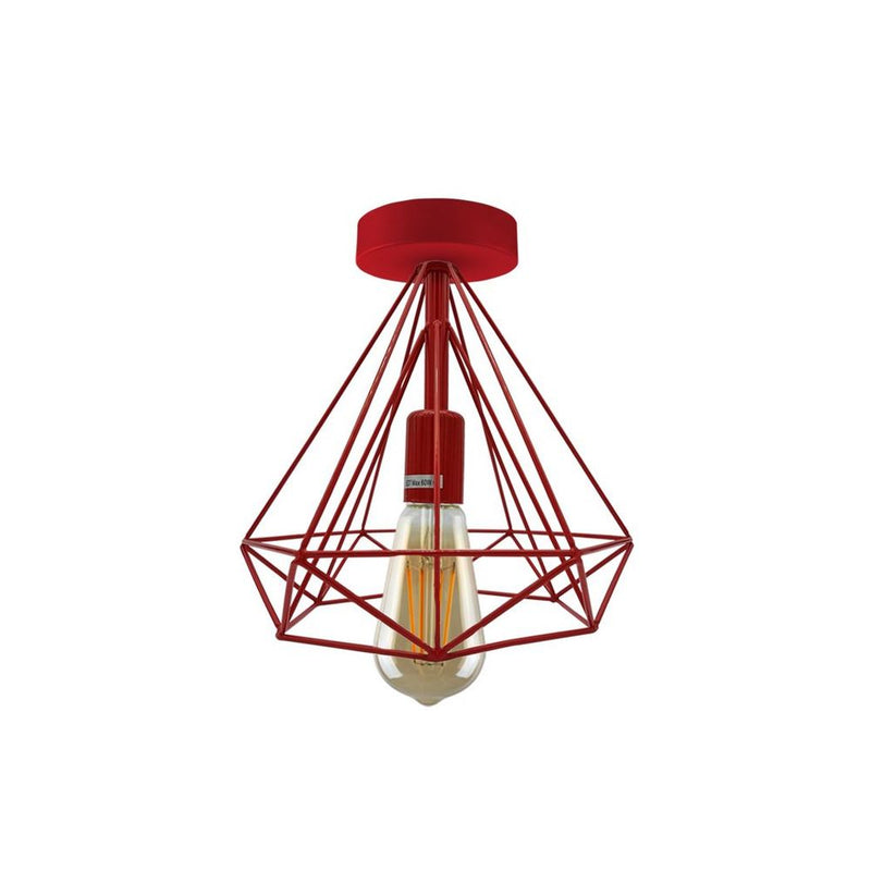 Retro Red Metal Cage Ceiling Light - Vintage Semi Flush Mount Lampshade (E27 Holder)