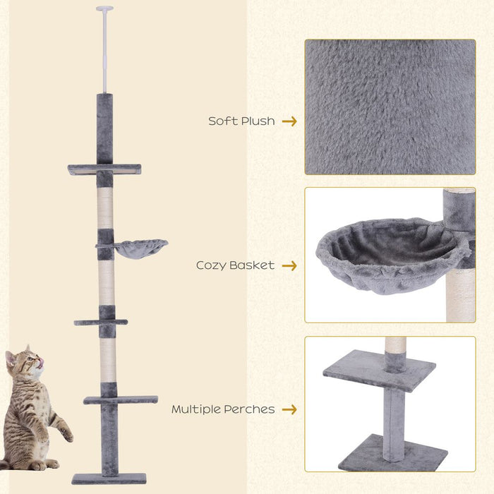 Premium Quality 5-Tier Cat Tree Tower - Floor to Ceiling Adjustable Scratcher - Pawhut