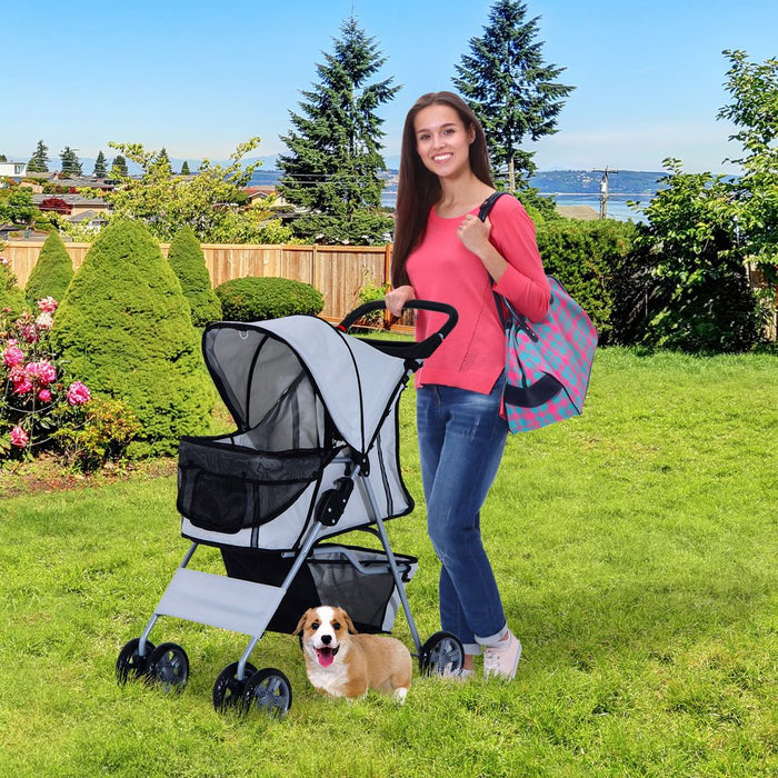 Pet Stroller Cat Dog Basket Zipper Entry Fold Cup Holder Carrier Cart Grey