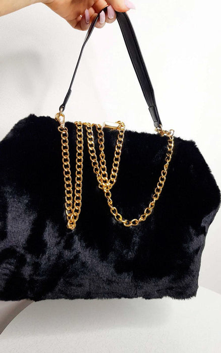 Plush Fur HandBag with Gold Chain | Lola: Black, 10" height, 14" length