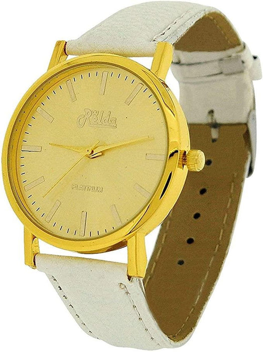 Relda Women Jumbo Goldtone Dial & Leather Strap Watch - White REL63