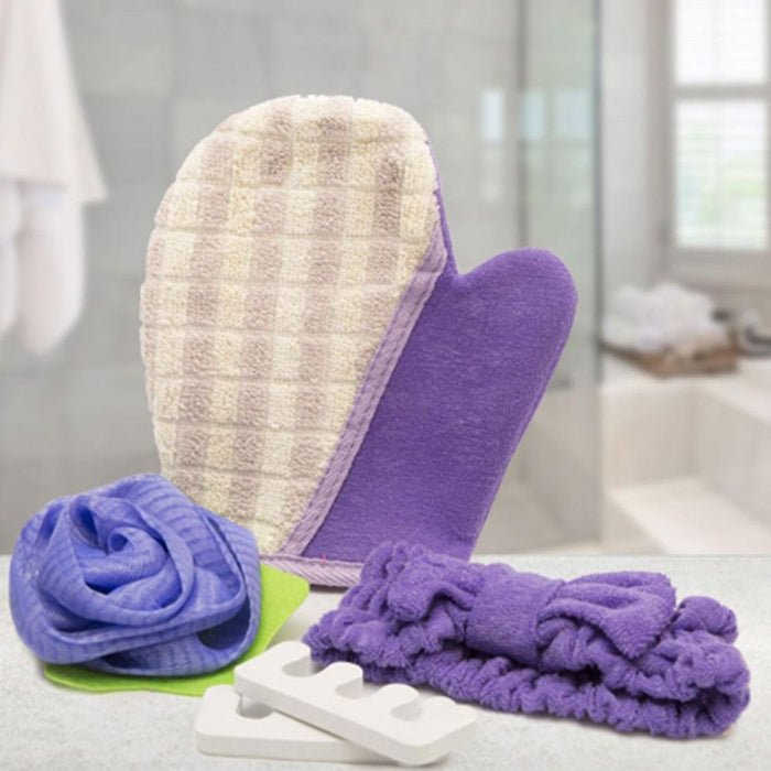 Bath Shower Set: Body Puff, Hand Sponge, Headband, Toe Separators - High Quality & Ideal Gift!