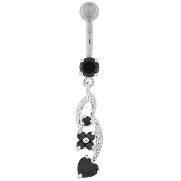 Flower with Heart Dangling Navel Belly Button Ring