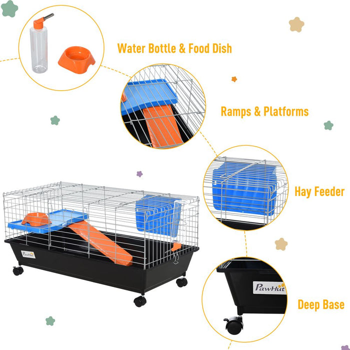 PawHut Small Animal Cage Rabbit Guinea Pigs Chinchillas Cage w/Wheels Water Bottle Food Dish Platform Ramp 89 x 44 x 43 cm Black