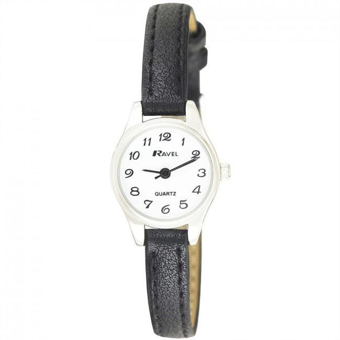 Stylish Ravel Ladies Black Strap Watch - Petite Silver Case, Arabic Dial, Japan Quartz Movement