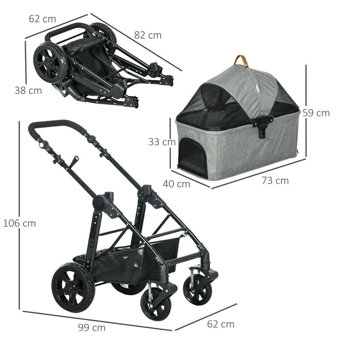 PawHut Dog Pram Dog Stroller Foldable Pet Pushchair with 4 Wheels, Safety Leashes, Cup Holder for Small Dogs, Grey