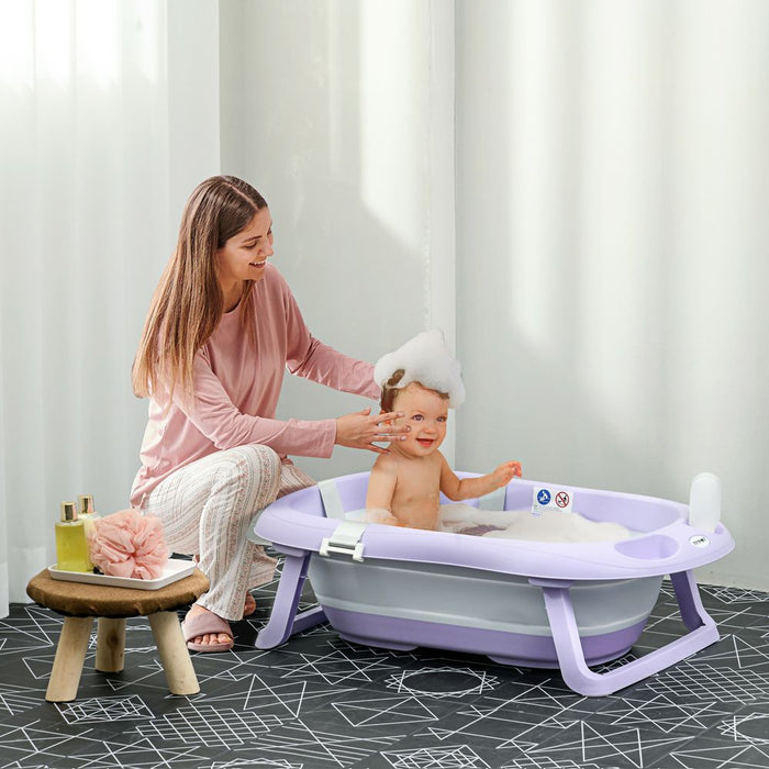 Foldable Baby Bathtub w/ Non-Slip Support Legs, Cushion, Shower Holder - Purple