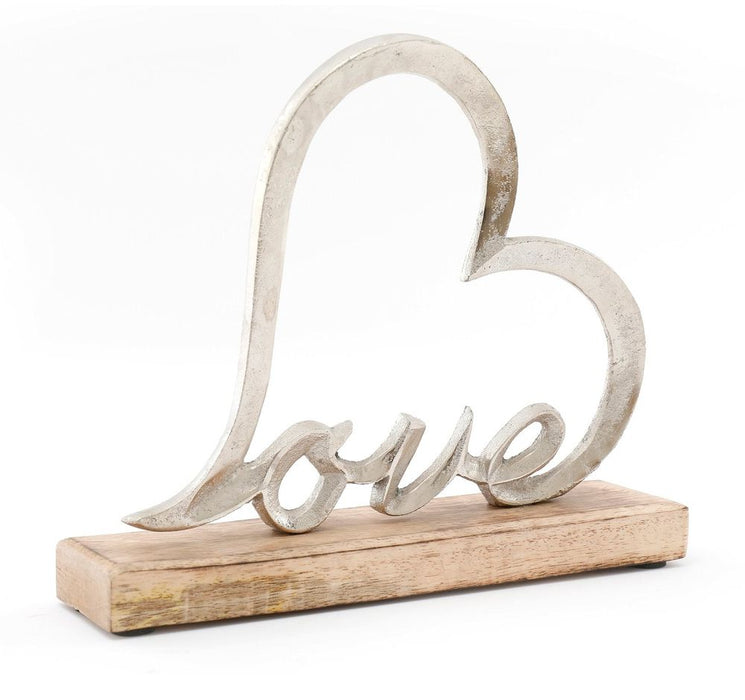 Silver Metal Love Heart on Wooden Base - Elegant Home Decor