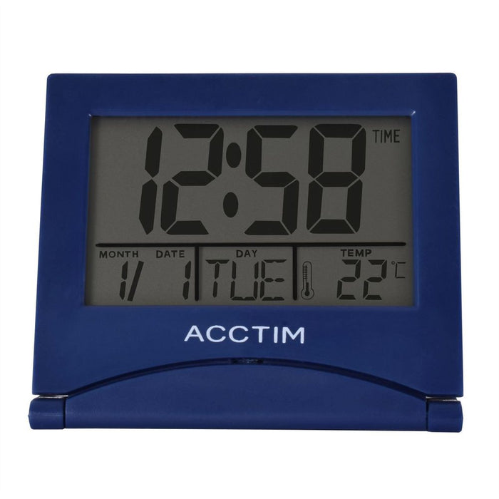 Acctim Mini Flip 2 Folding LCD Alarm Clock Blue - Ideal for Travel - Calendar & Temperature Display - Snooze Function