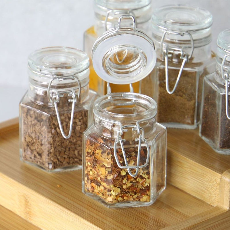 Hexagonal Spice Jars - Set of 12 | M&W | Vintage Glass Storage Containers | Airtight Lids | 100ml Capacity | Oven, Fridge, Dishwasher Safe