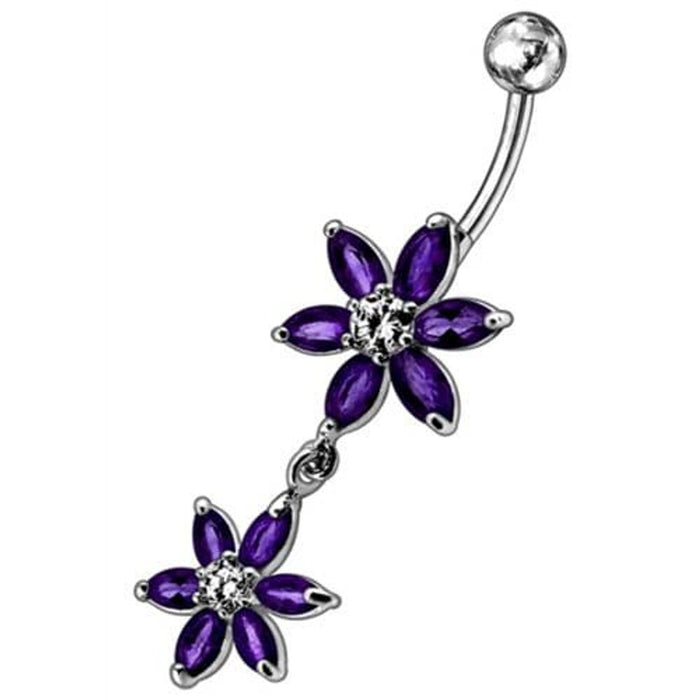 Silver Jeweled Flower Dangling SS Curved Belly Ring