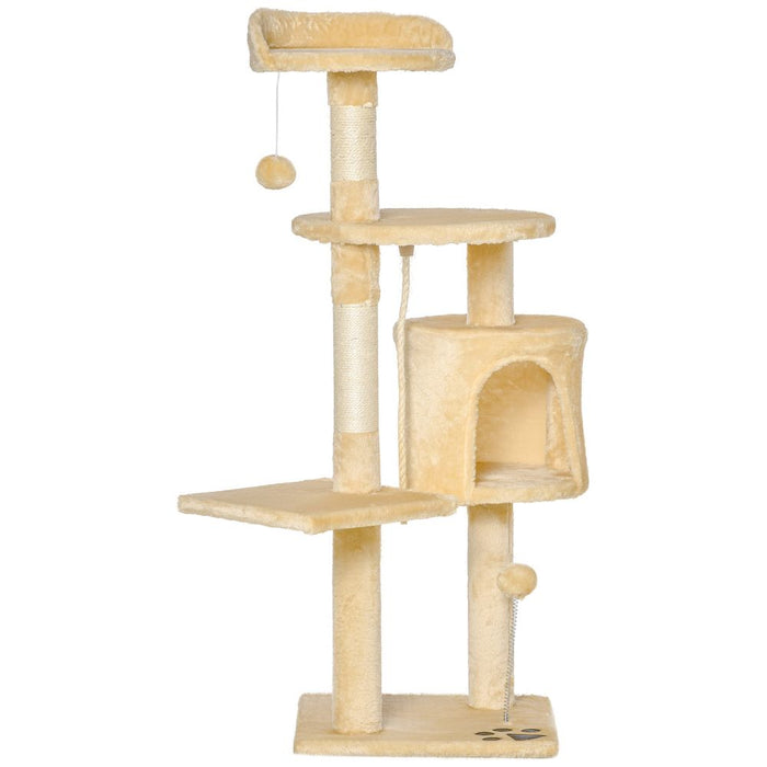 PawHut Cat Tree for Indoor Cats Pet Activity Centre Kitty Condo Climbing Scratching Post with Toys 4-tier 114cm Tall Beige