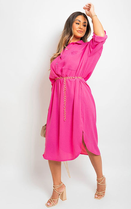 Stunning Rosie Button Down Midi Dress with Pull-Up Sleeves!