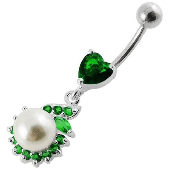 Jeweled Heart Pearl Dangling Navel Ring