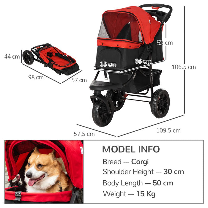 PawHut IE Located Folding Pet Stroller 3 Wheel Dog Jogger Travel Carrier Adjustable Canopy Storage Brake Mesh Window for Small Miniature Dog Cat Red