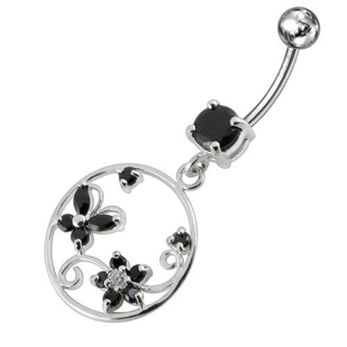 Jeweled Fancy Silver Dangling SS Curved Bar Belly Ring