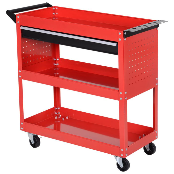 3-tier Tool Trolley Cart Roller Cabinet Storage Box Lockable Casters Red