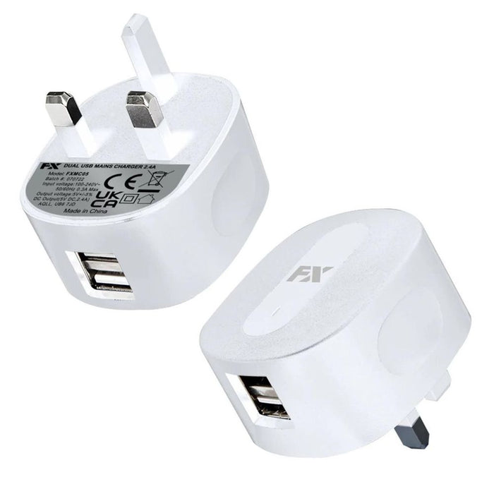 FX Dual USB 2.4 AMP Charger: Fast Charging for Smart Phones & Tablets, White