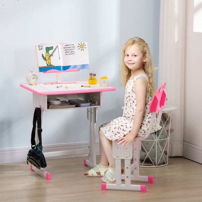 Kids Desk and Chair Set w/ Drawer, Book Stand, Cup Holder, Pen Slot, Pink