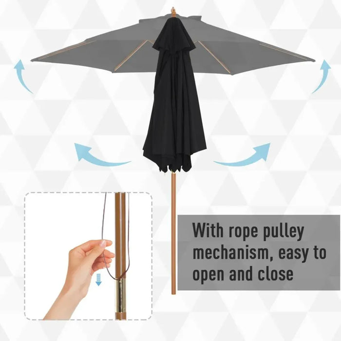 High-Quality 2.5m Wood Garden Parasol Sun Shade Patio Umbrella - Black