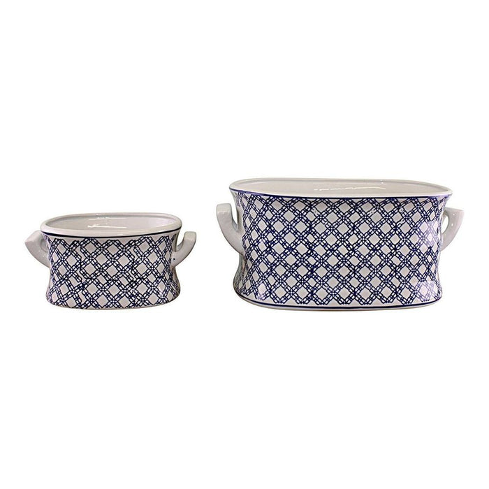 Premium Ceramic Footbath Planters, Vintage Blue & White, Set of 2