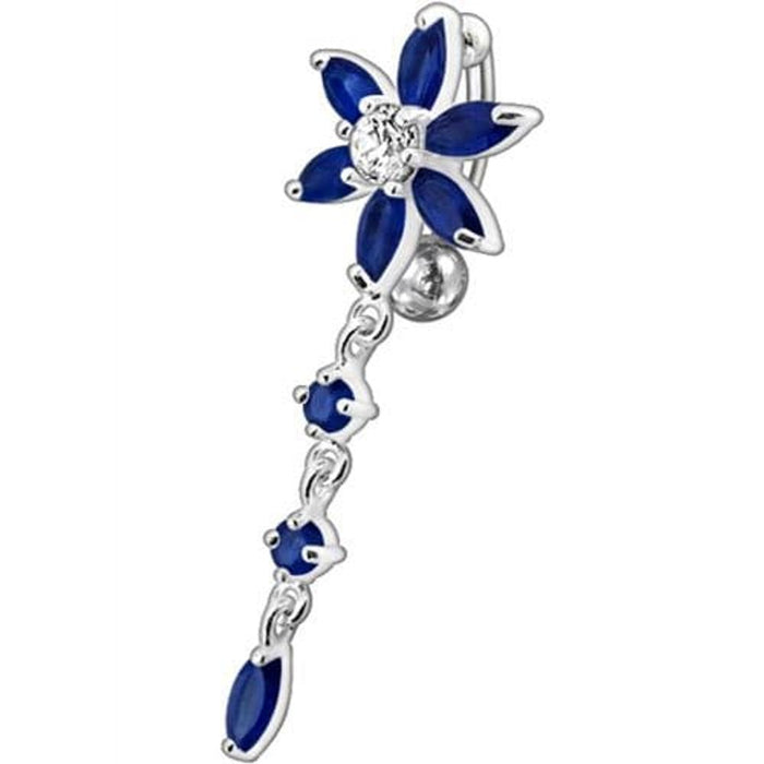 Fancy  Flower With Long Tail Jeweled Dangling Navel Ring