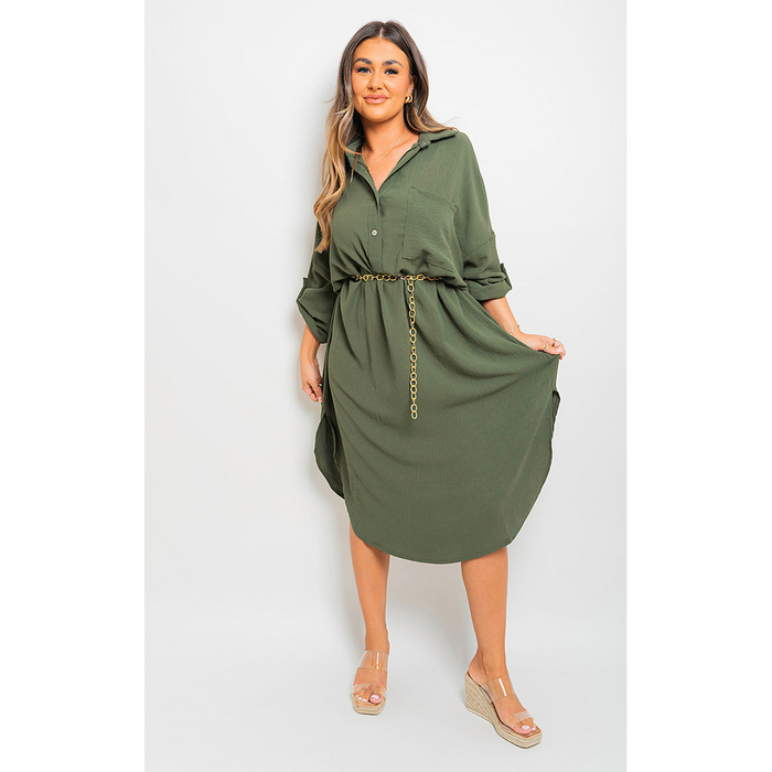 Stunning Rosie Button Down Midi Dress with Pull-Up Sleeves!