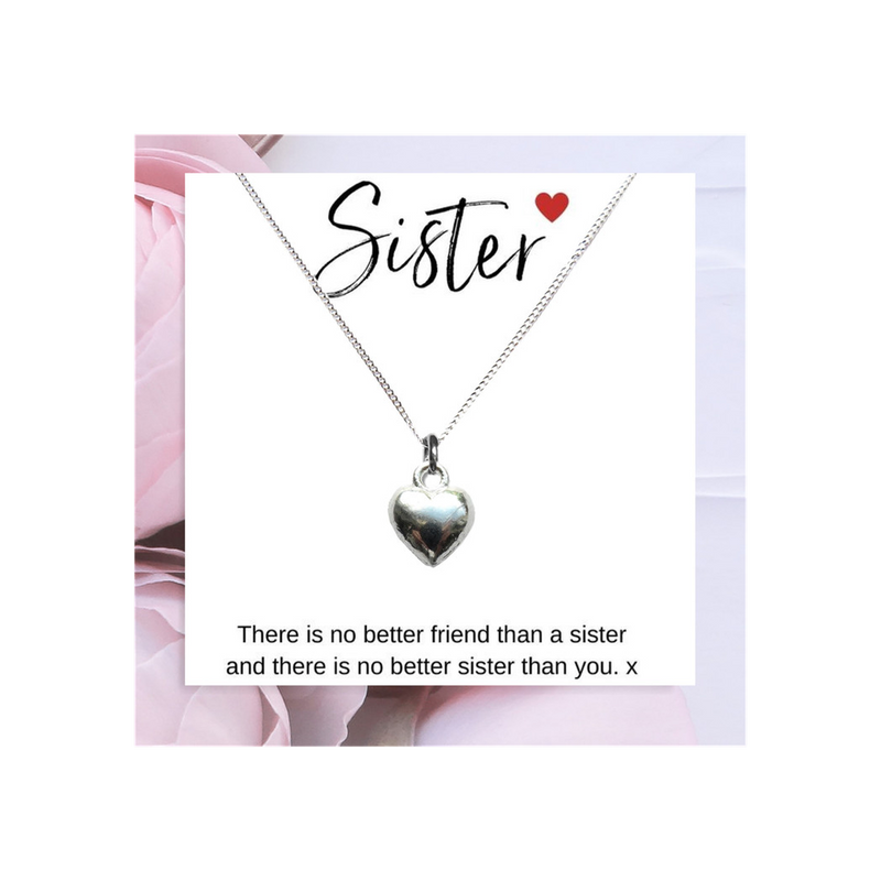 Heart Necklace & Sister Message Card - Perfect Gift for Sisters - Quality Sterling Silver - Comes in Gift Box