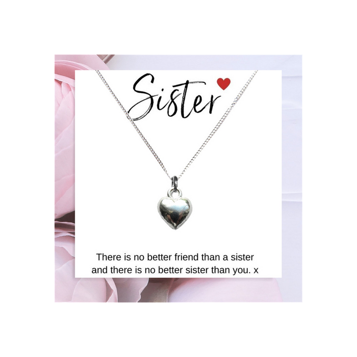 Heart Necklace & Sister Message Card - Perfect Gift for Sisters - Quality Sterling Silver - Comes in Gift Box