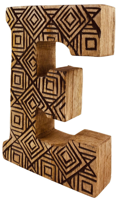 Intricate Hand Carved Wooden Geometric Letter E