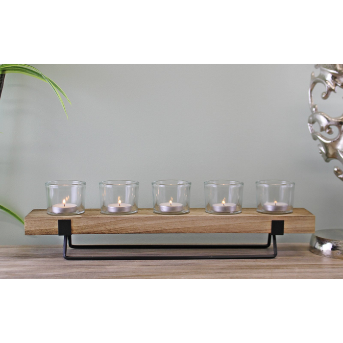 5 Piece Glass, Wood & Metal Tealight Holder