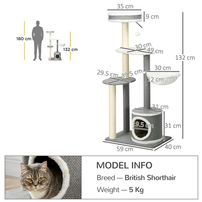 PawHut 132cm Cat Tree w/ Scratching Post, Bed, Hammock, House, Platforms