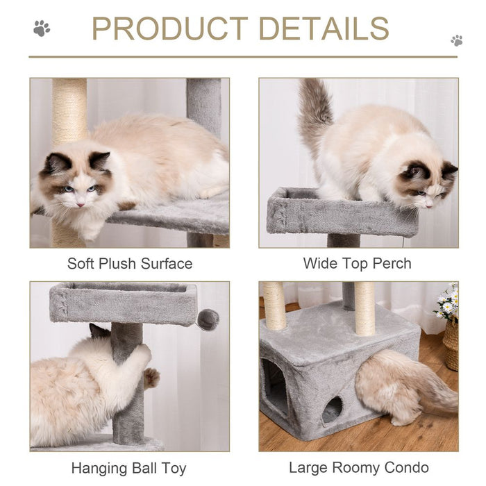 PawHut 125cm Cat Tree for Indoor Cats Kitten Tower 4 level Activity Center Pet Furniture Sisal Scratching Post Condo Plush Perches Hanging Ball Grey