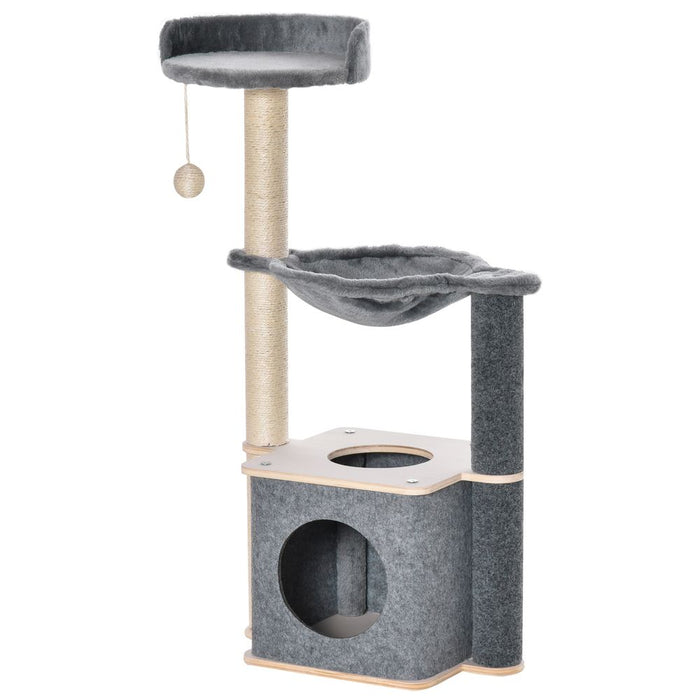 PawHut Cat Tree for Indoor Cats 95cm Climbing Tower Kitten Activity Center with Sisal Scratching Post Perch Roomy Condo Hammock Removable Felt Hanging Toy, Grey