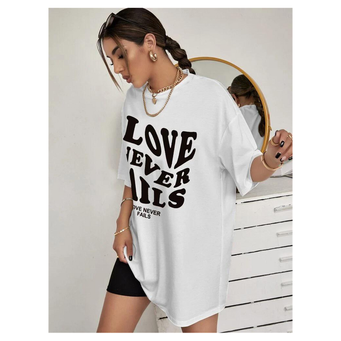 Ladies Love Never Fails Slogan Oversized t shirt Top