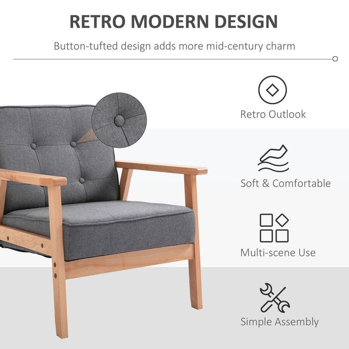 Retro Single Sofa Armchair | Beech Wood Frame | Padded Cushion | Linen Fabric | Grey