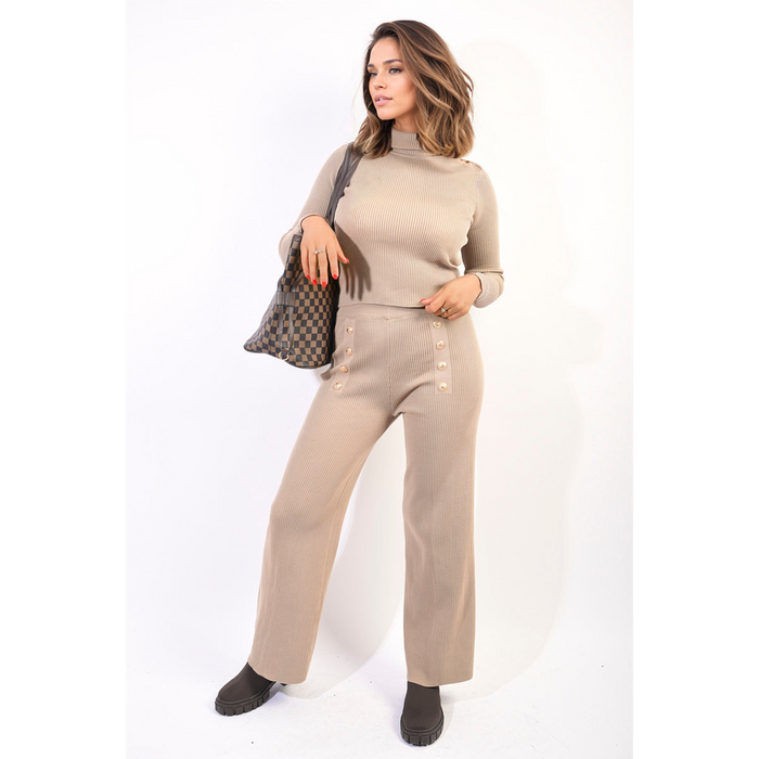 Knitted High Neck Long Sleeve Top & Wide Leg Trouser Co-ord Set