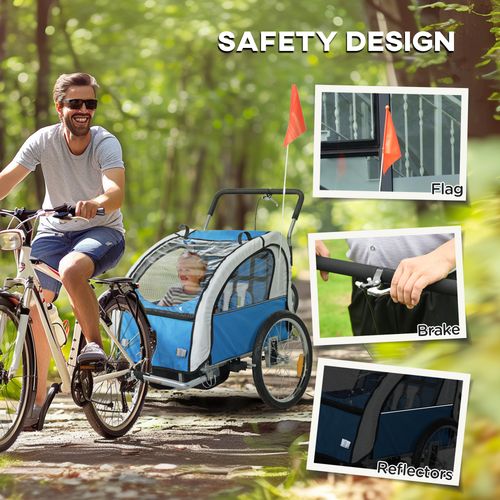 HOMCOM 2 Seat Bike Trailer with 5 Point Harness, for 18+ Months, Blue