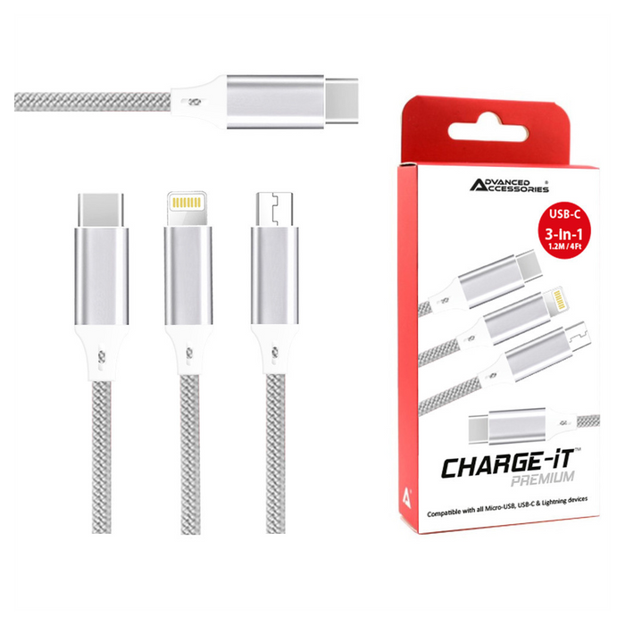 AA CHARGE-iT Premium 3in1 Cable USB-C To 8 Pin/USB-C/Micro USB | Fast Charging | Universal Compatibility