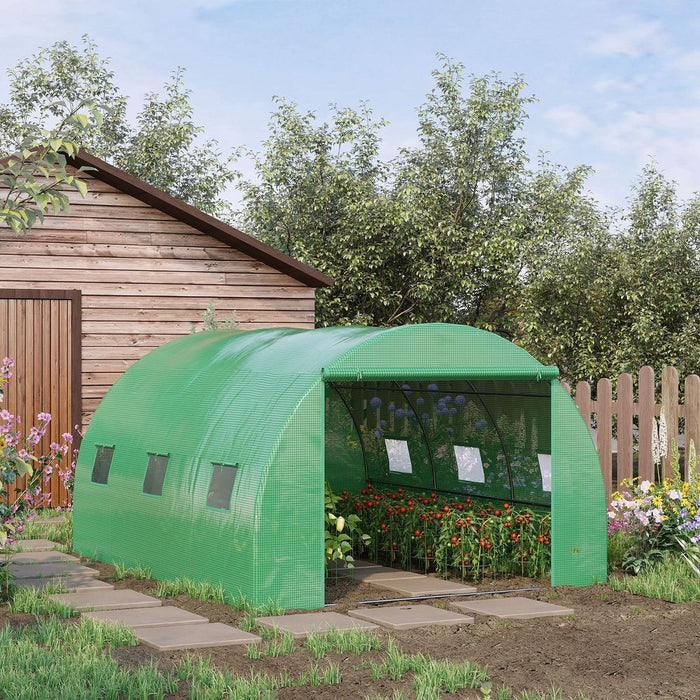 Outsunny Tunnel Greenhouse with Roll-Up Door & 6 Windows - Green