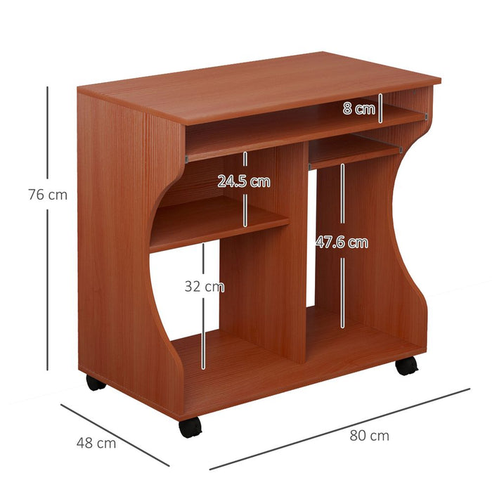 Portable Computer Desk with Storage Shelf | Wheels | Cherry Wood