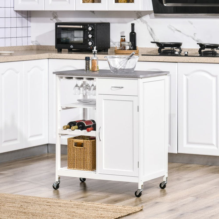 Kitchen Trolley Utility Cart on Wheels with Wine Rack, Drawer, Open Shelf White