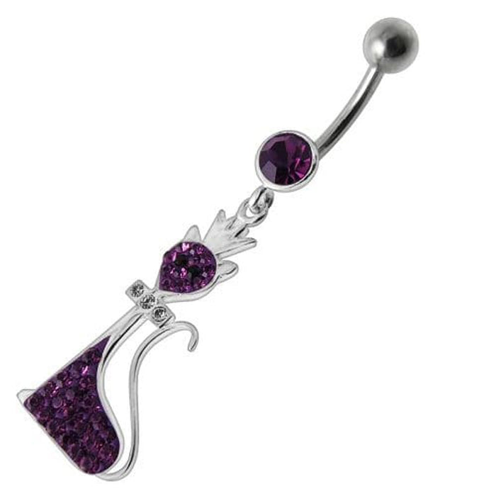 Fancy Black Jeweled Pussy Cat  With Crown Dangling SS Banana Bar Belly Ring