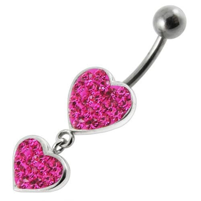 Fancy Double Red Jeweled Heart Dangling SS Bar Navel Ring