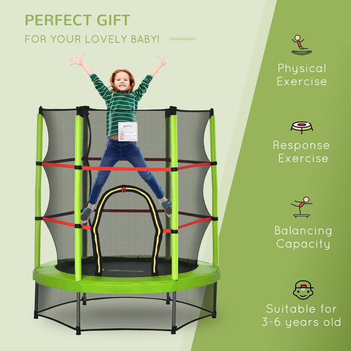 HOMCOM 4.6FT/55 Inch Kids Trampoline Indoor Round Bouncer Rebounder w/Enclosure Net, Steel Frame, for Ages 3-6 Years - Green