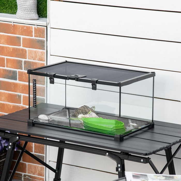 PawHut Glass Reptile Terrarium Insect Breeding Tank Vivarium Habitats with Thermometer for Lizards, Horned Frogs, Snakes, Spiders - Medium 50 x 30 x 25cm