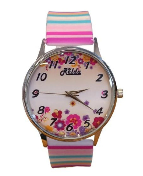 Relda Ladies Pink Flower Watch - Quartz Movement, Adjustable Strap