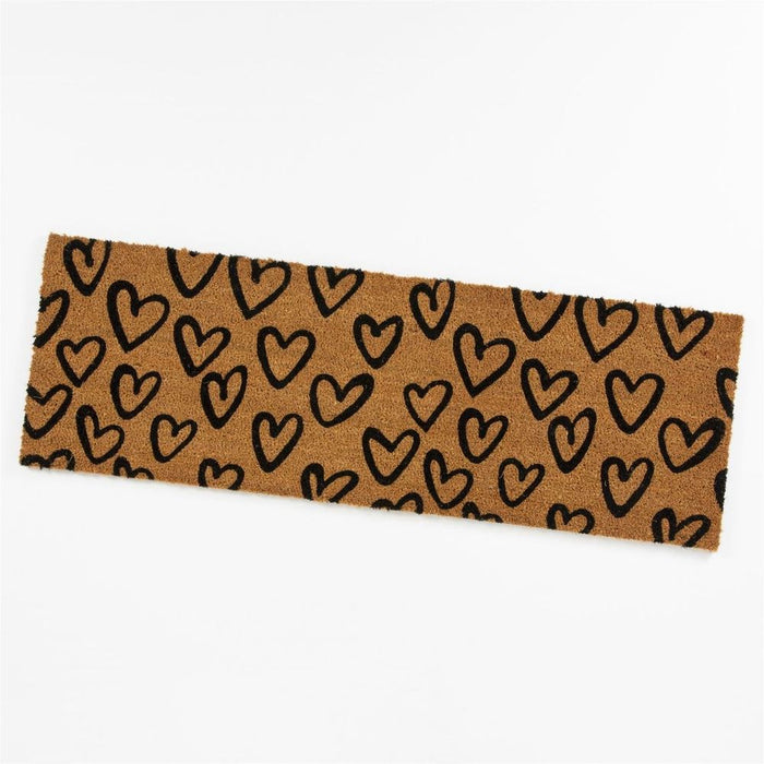 Astley Printed Hand Drawn Hearts PVC Backed Coir 40x120cm Natural Doormat