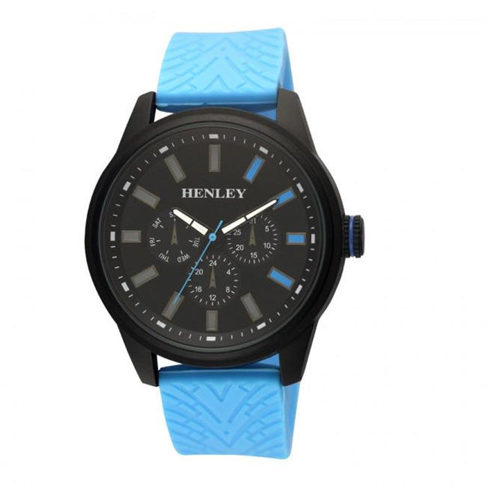 Henley Men's Sports Rubber Strap Watch - Black Dial, Blue Silicone - High-Quality